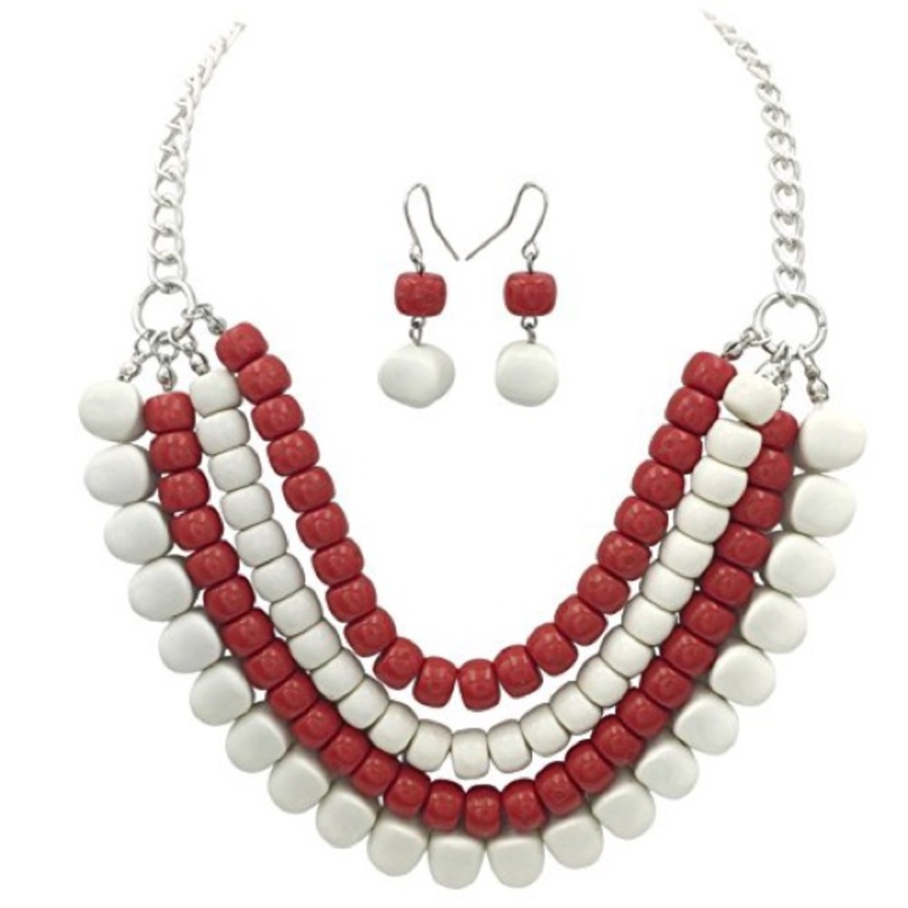 Layered Red White Beaded Necklace Earrings Set